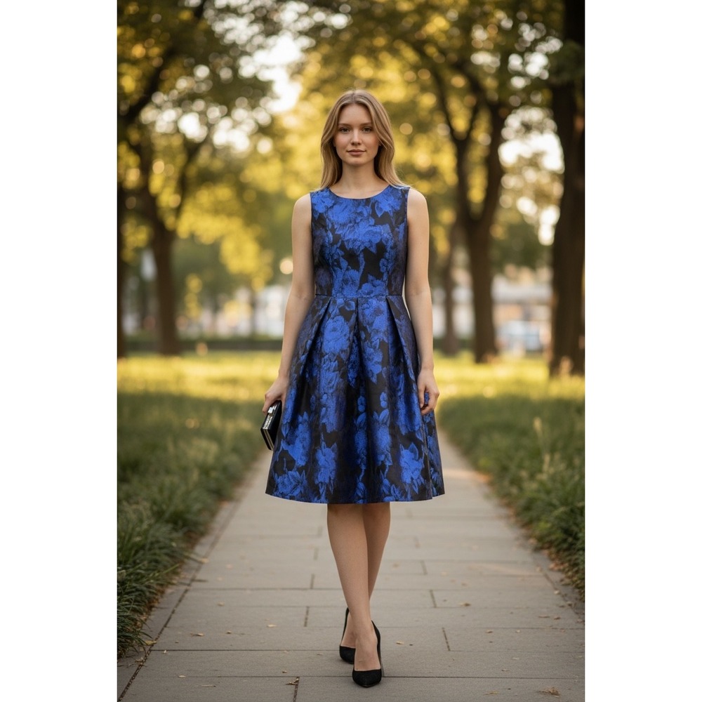 Y2K Blue Floral Jacquard Fit Flare Dress 6 Romantic Coquette Party Wedding Guest
